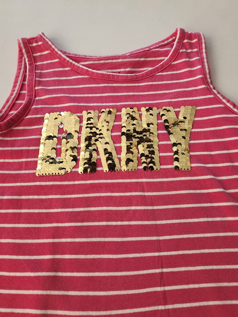 Dkny Pink and White Striped Sequin Logo Tank